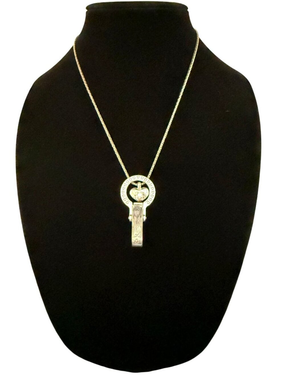 Brighton Heart Badge Clip Necklace Silver Plated Ornate Design Crystal Heart